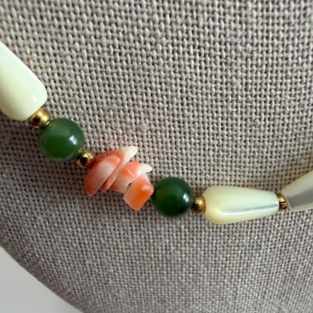 Vintage Mother of Pearl Jade Coral Bead Necklace 25" Statement Summer Dainty